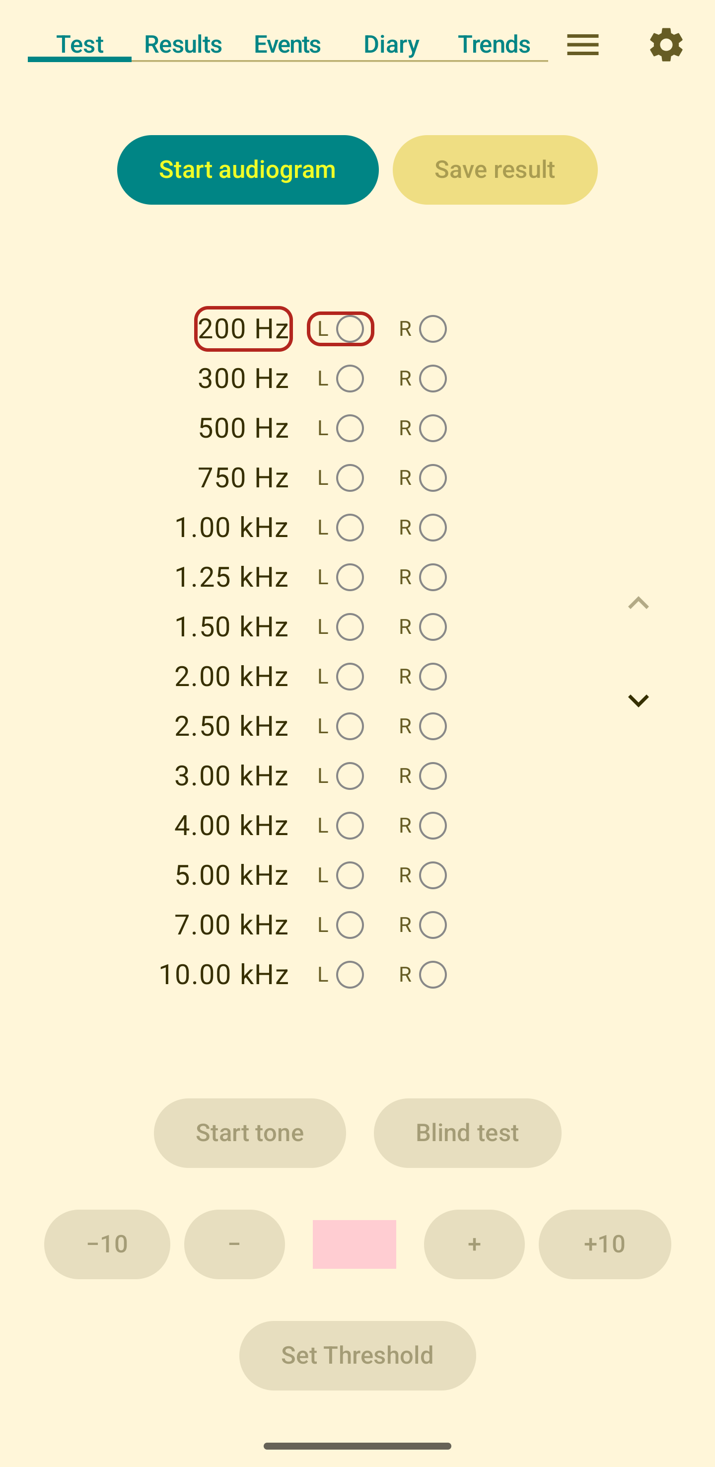 Sample test screen, before starting audiogram