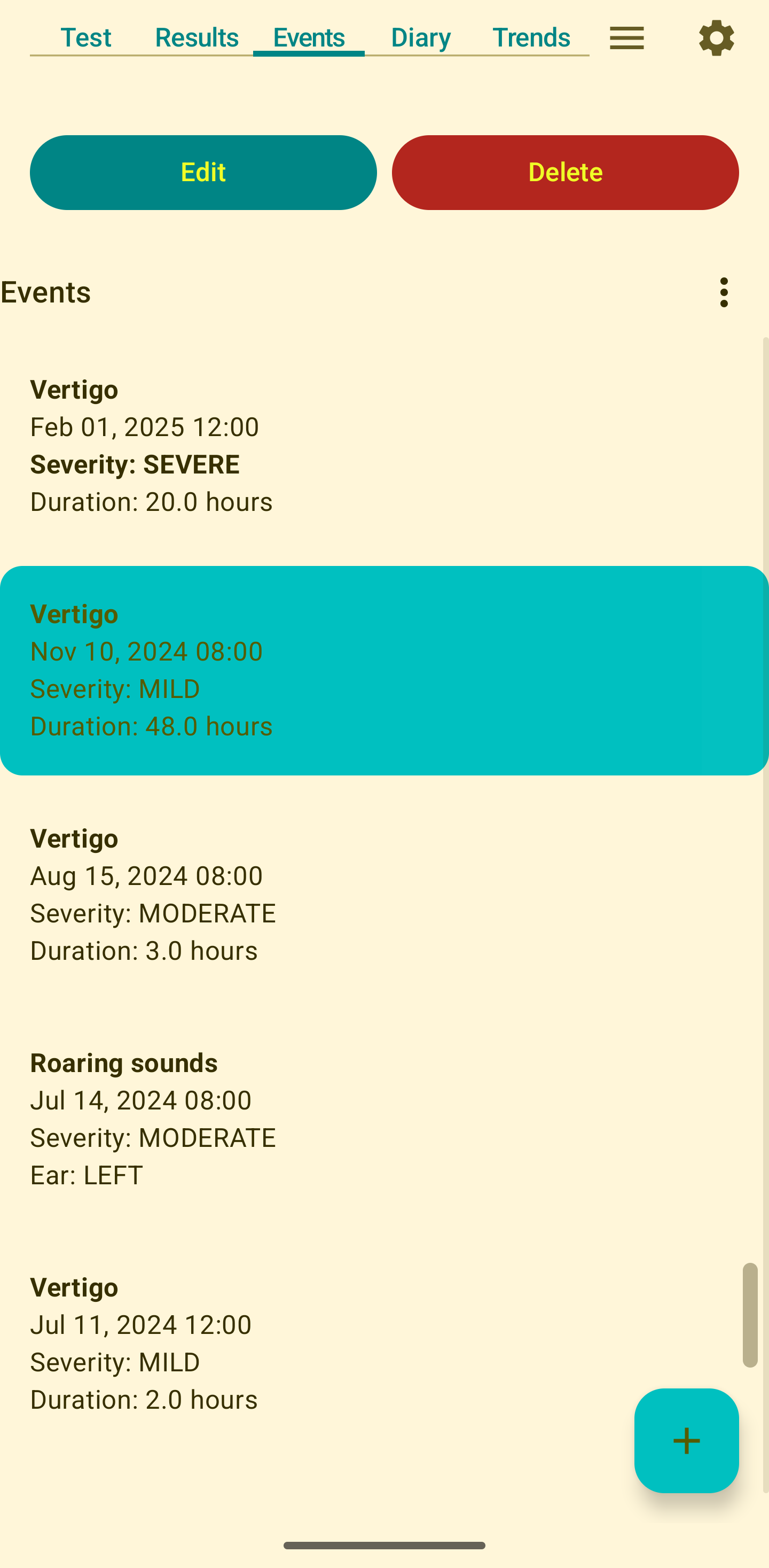 Sample events screen